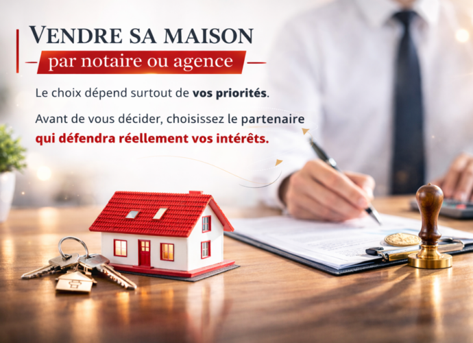 Vendre sa maison par notaire ou agence : signature d’un acte immobilier avec maison miniature, clés et tampon de notaire