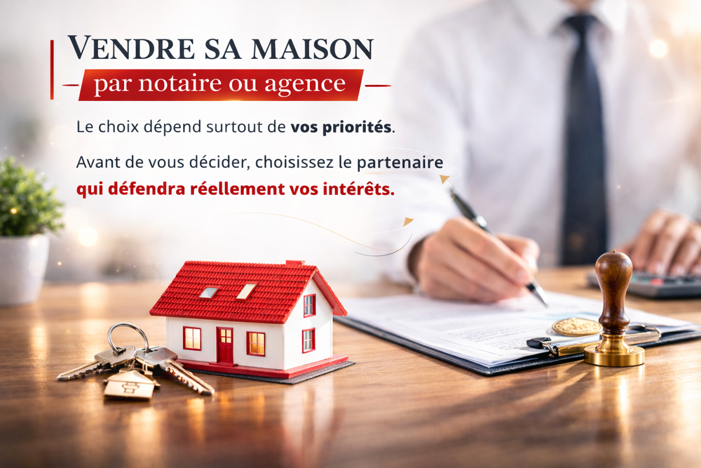 Vendre sa maison par notaire ou agence : signature d’un acte immobilier avec maison miniature, clés et tampon de notaire
