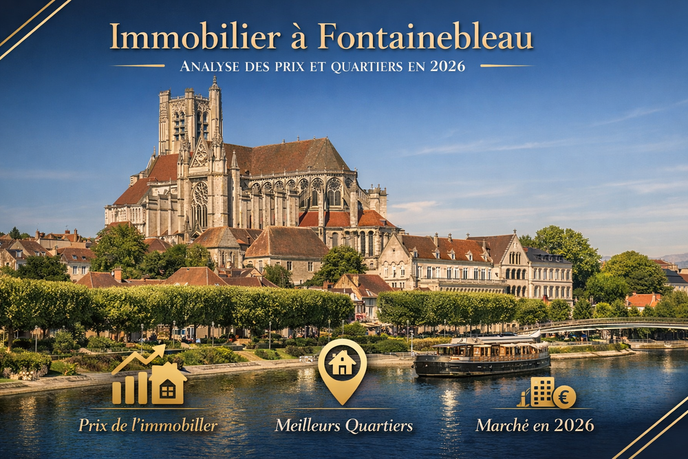 Immobilier à Fontainebleau : vue panoramique du centre-ville et des bords de Seine pour l’analyse des prix et quartiers en 2026