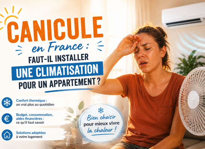 Climatisation pour un appartement installée dans un salon moderne pendant un épisode de canicule en France.