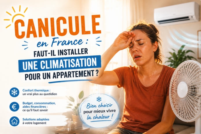 Climatisation pour un appartement installée dans un salon moderne pendant un épisode de canicule en France.