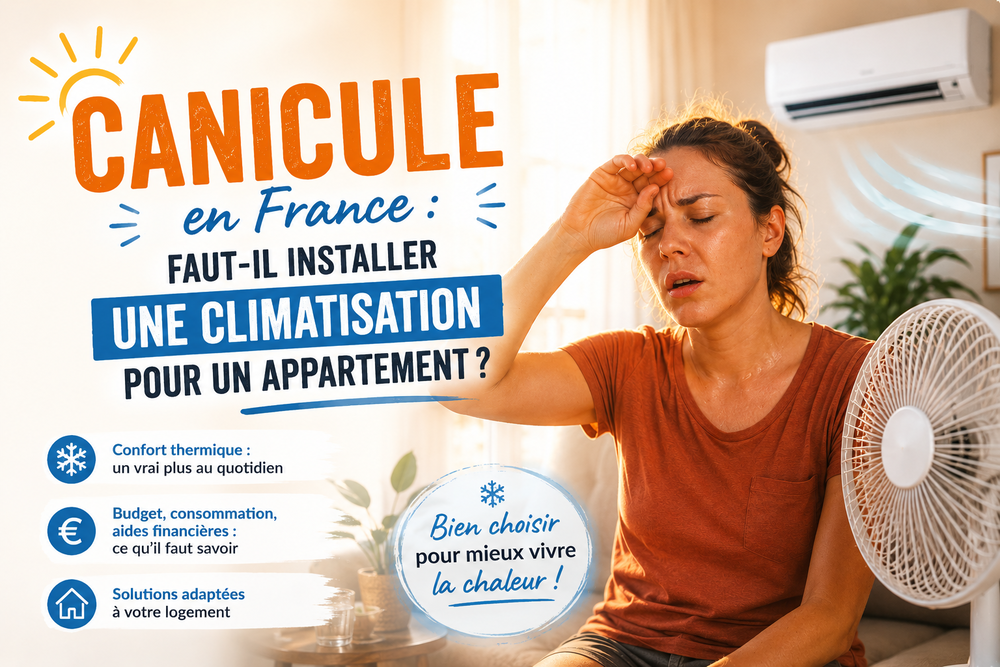 Climatisation pour un appartement installée dans un salon moderne pendant un épisode de canicule en France.