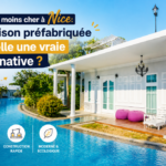 Modèle de maison préfabriquée moderne prête à poser sur terrain à Nice, vue extérieure.