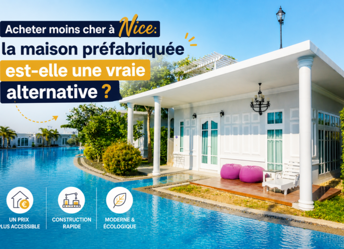 Modèle de maison préfabriquée moderne prête à poser sur terrain à Nice, vue extérieure.
