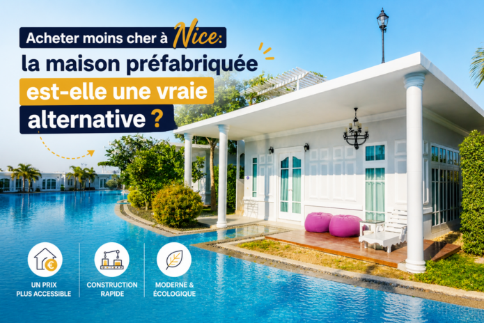 Modèle de maison préfabriquée moderne prête à poser sur terrain à Nice, vue extérieure.